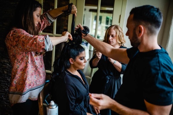 Bride getting hair done hairspray hairstylist