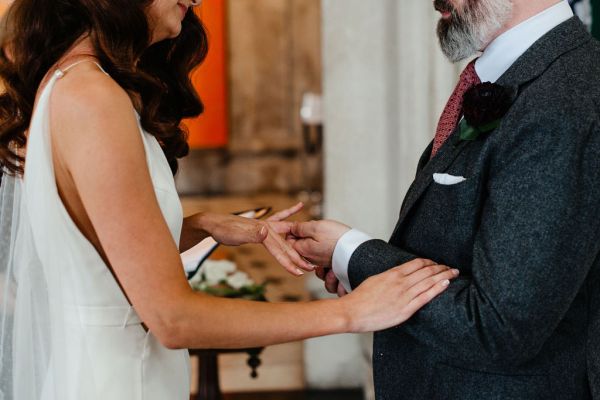 Bride and groom exchange wedding bands/rings