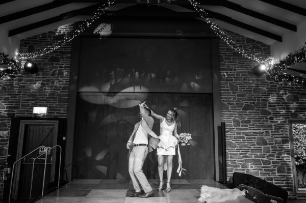 Black and white image of bride and groom