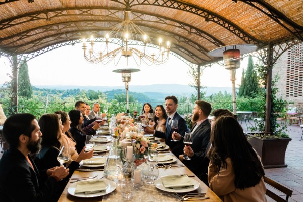 Guests seated at table cheers with red wine