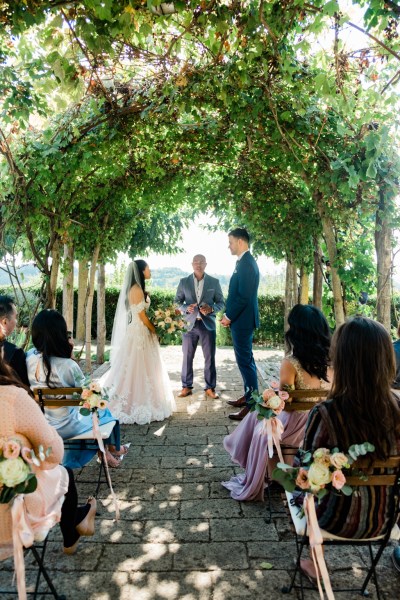 Bride groom officiant and guests seated