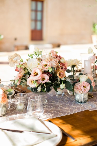 Pink flowers floral table setting and cutlery