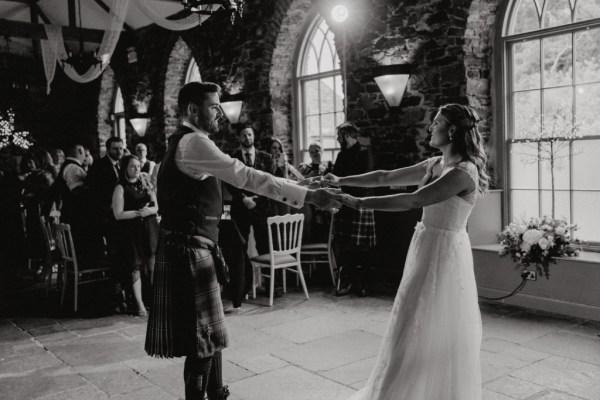 Bride and groom black & white image dancing on dancefloor