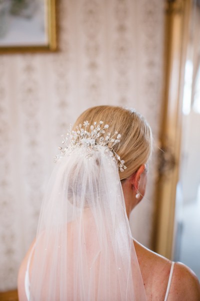 Back of brides hair detail accessory attached to veil