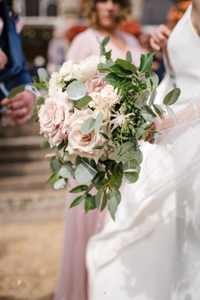 Close up of pink white roses flowers bouquet