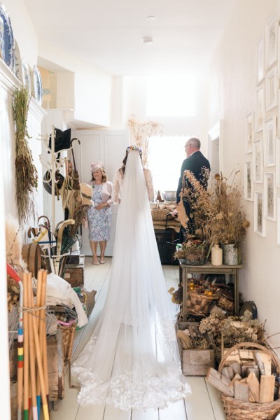 Bride long train dress and groom