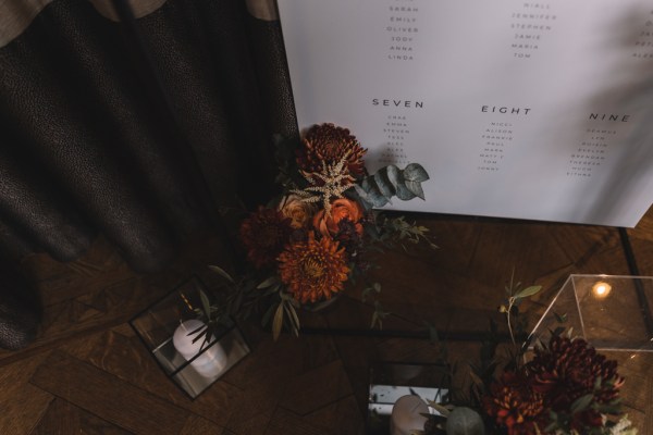 Up close flowers and bouquet seating arrangement behind decor