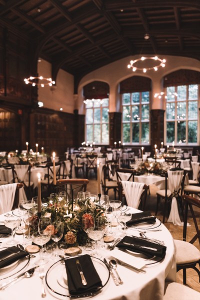 Empty dining room ballroom setting tables and chairs for guests