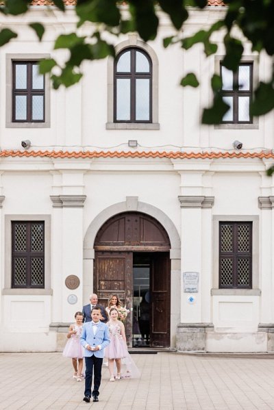 Groom guests at church entrance