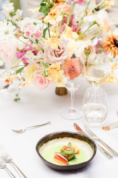 Colourful roses flowers on table dinner food menu for guests