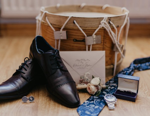 Male groom brogues tie watch cufflinks letters and drum