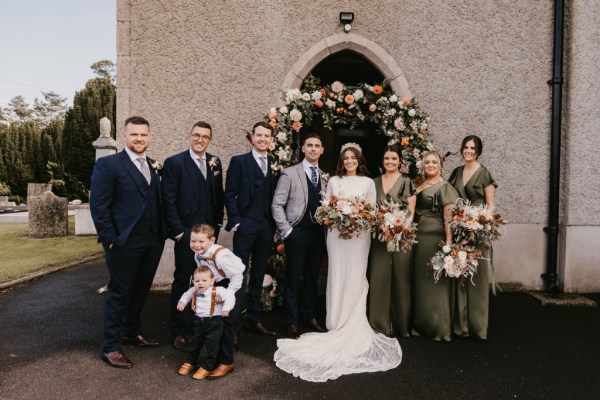 Family pic two little boys bride groom bridesmaids groomsmen best man