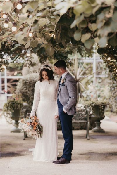 Bride and groom greenhouse flowers bouquet