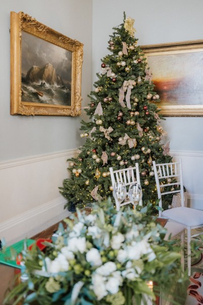 Interior Christmas tree chairs for couple bride and groom