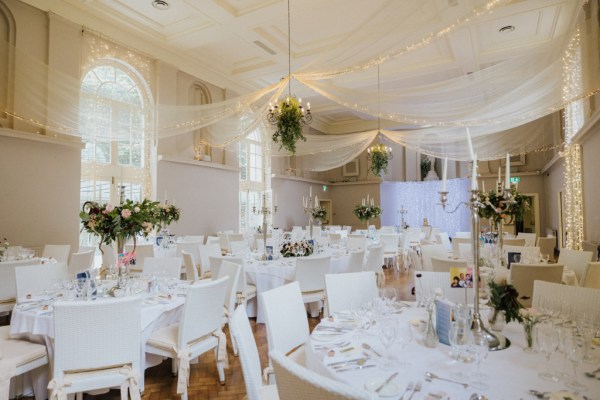 Empty interior dining ballroom setting for guests