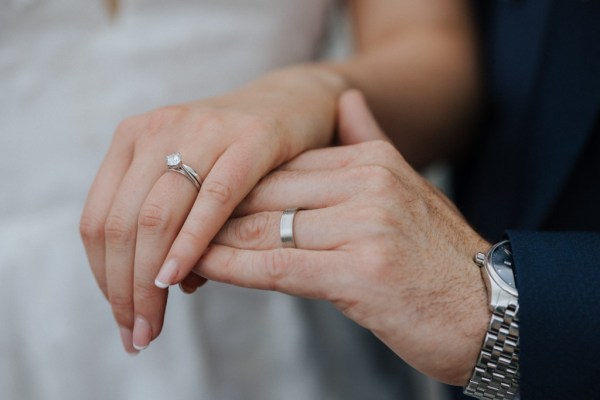 Up close of wedding bands/rings bride and groom watch detail