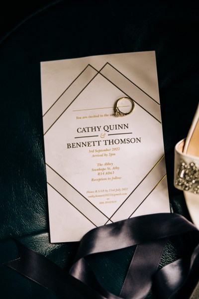 Cathy and Bennett card RSVP letter with bridal heel