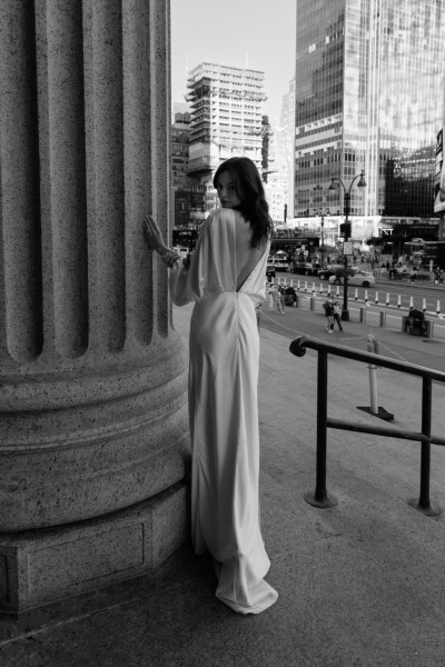 An Ode to Sophia: Bo & Luca Collection Gardner Gown pillar model exterior shot black and white