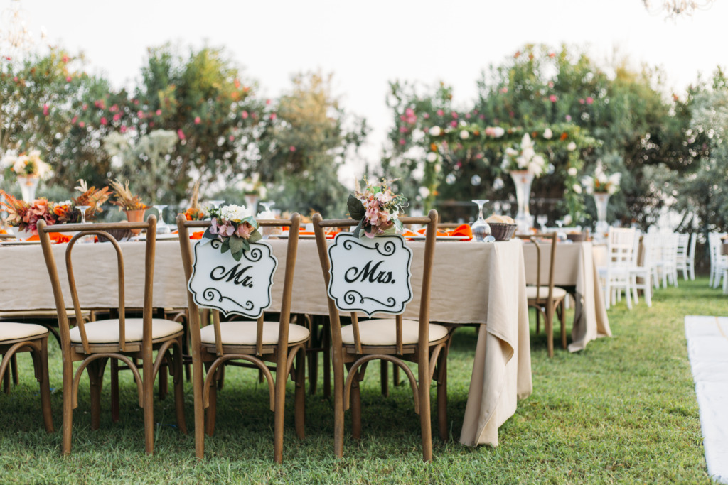 Mr and Mrs wedding table outdoors