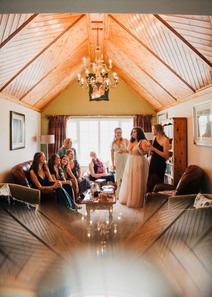 Group shot bride and bridesmaids are getting ready