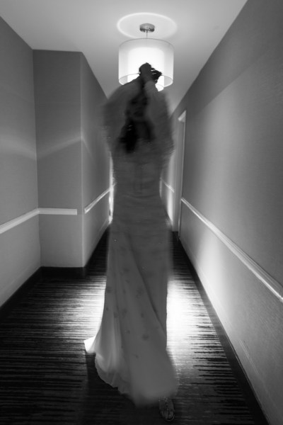 An Ode to Sophia: Bo & Luca Collection Lawrence Gown model black and white corridor interior shot