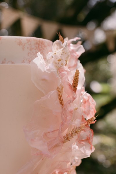 Pink cake on table candles forest setting