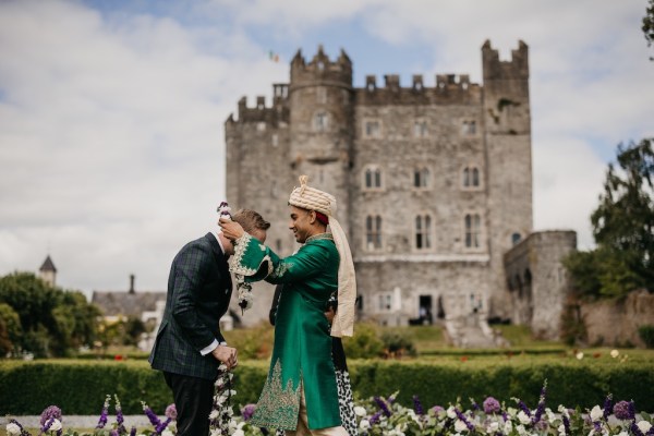 Grooms flower bed on ground castle in background