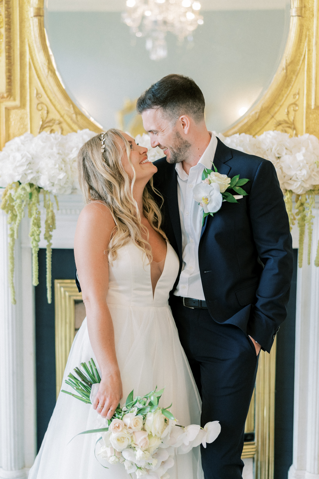 Bride and groom look each other