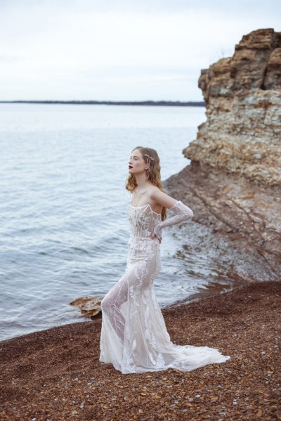 Hermione de Paula's new 2023 collection: 'Moon Phases' clip in hair beach sea setting white gloves gown