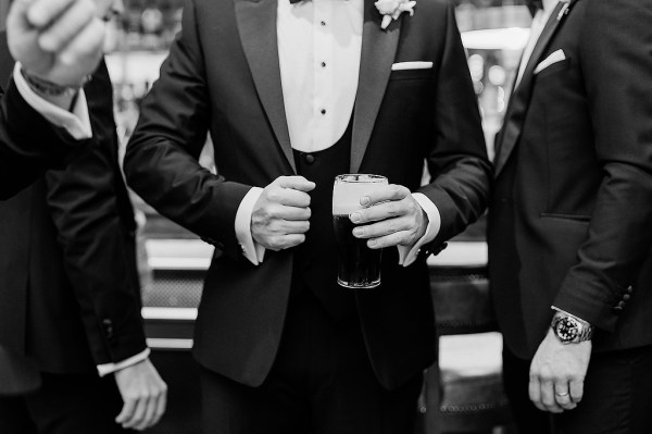 Black and white suit details groom groomsmen chain watch