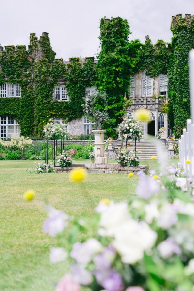 Yellow sunflowers in garden exterior view grass hotel castle