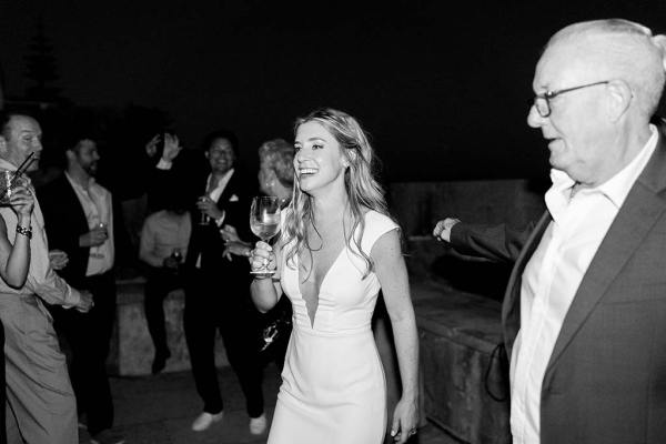 Black and white image of bride and father