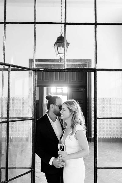 Black and white image of bride and groom