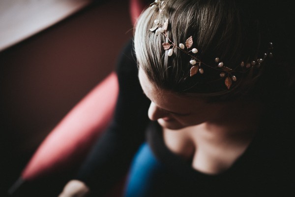 View of brides head/hair piece getting ready