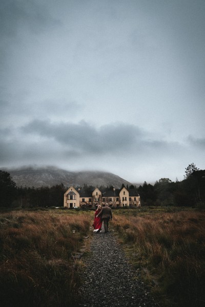 Gloomy shot of pathway leading to wedding venue mountains