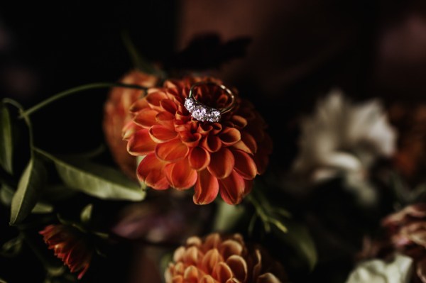 Wedding band diamond ring places on top of flower