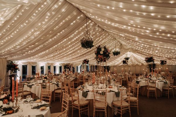 Empty marquee tent room dining room table