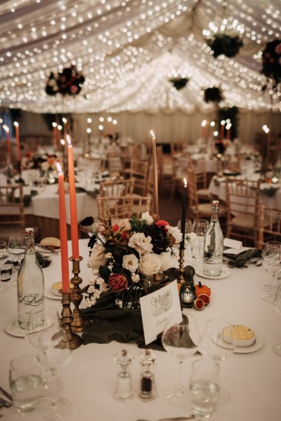 Card detail RSVP roses flowers candle lit on table