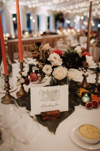 Card detail RSVP roses flowers candle lit on table