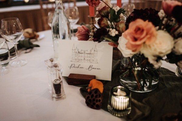 Card detail RSVP roses flowers candle lit on table