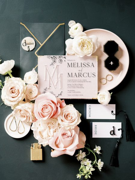 monochrome and blush summer wedding invite