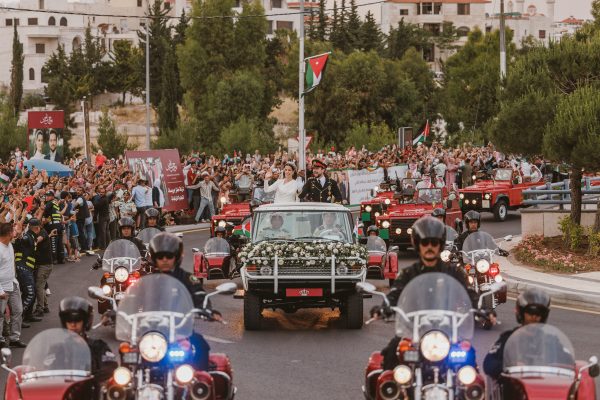 Jordan Crown Prince Al Hussein and Princess Rajwa Al Hussein depart Zahran palace during their wedding