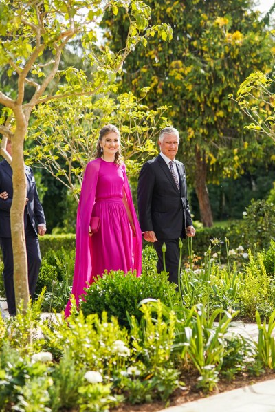 King Filip and Crown Princess Elisabeth of Belgium arrive at the Zahran Palace in Amman, on June 01, 2023, to attend the Islamic marriage ceremony known as a katb ktab