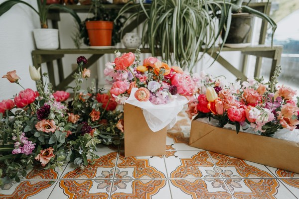 Orange flowers bouquet in a box