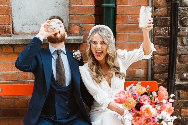 Bride finishes first and celebrates with a big smile