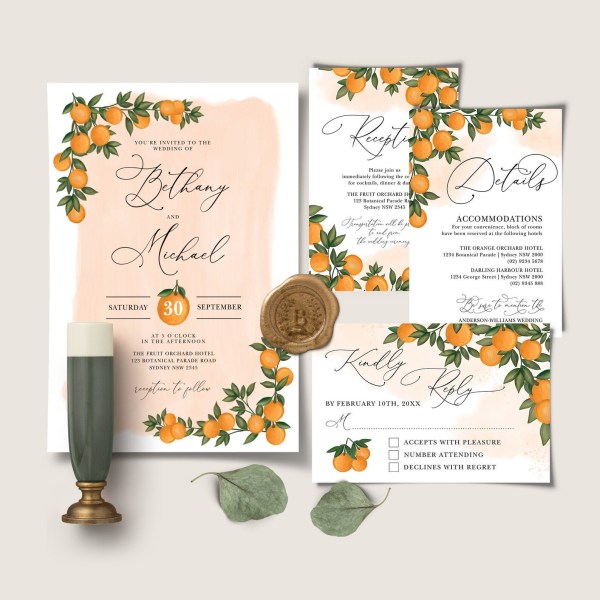 summer wedding invite, wedding invite with oranges