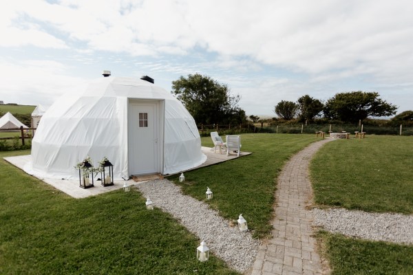 Glamping tenting camping lanterns outside