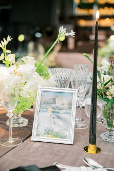 Photo frame on table flowers