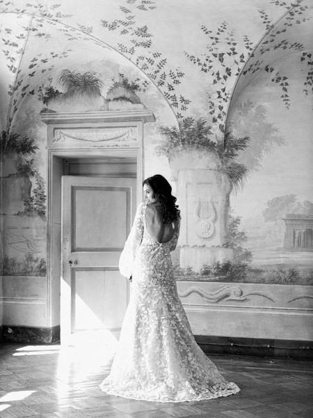 Black and white shot of bride on her own interior shot