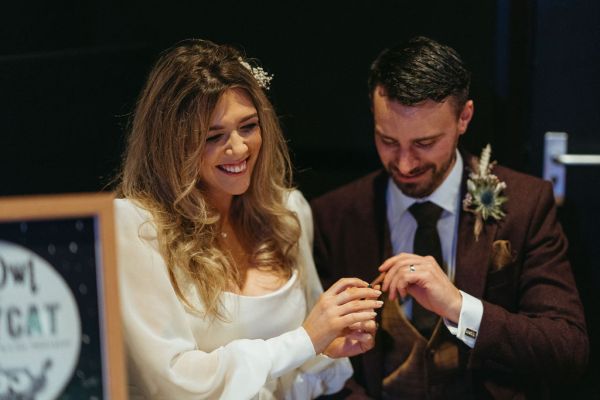 Bride and groom smiling